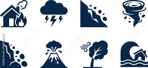 Natural disaster icon set, fire, flood, tornado, volcano, landslide, storm, wind, dark blue silhouette, isolated, vector graphic