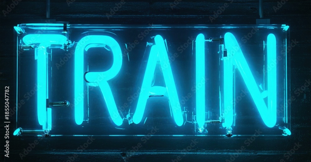 Obraz premium Bright neon sign spells TRAIN. Dark background emphasizes glowing blue light. Simple, bold typography creates striking visual impact.
