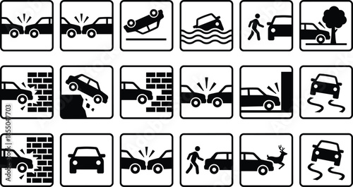 Set of car accident and road safety icons, vehicle collision and traffic crash symbols, insurance claim signs, automotive emergency vector illustration, transport, city.