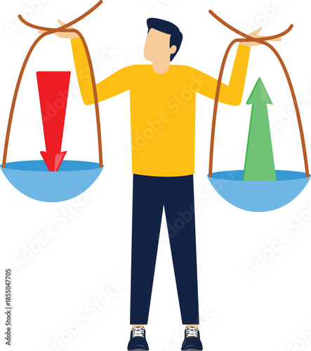 Balance between expenditure and income, balance between falling arrows and rising arrows with scales,


