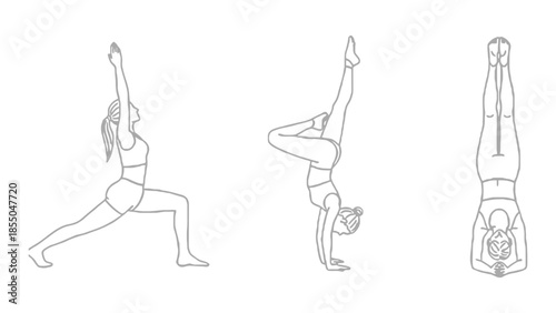 Three women perform different yoga poses in a line drawing.