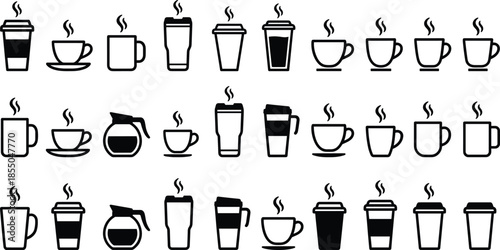 Set of coffee cup and mug silhouettes, various take away paper cups and ceramic mugs with steam, cafe breakfast drink icons, vector.
