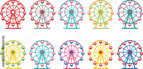 Set of colorful Ferris wheel icons, amusement park ride symbols in various colors, carnival fairground attractions, fun theme park vector illustration, festival, leisure.