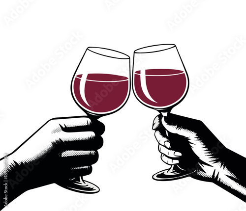 Create Silhouette Two hands holding red wine glasses halftone art collage. Toast, cheers Cutout magazine shapes, modern retro, grunge punk festive design. Vector illustration isolated on White backgro