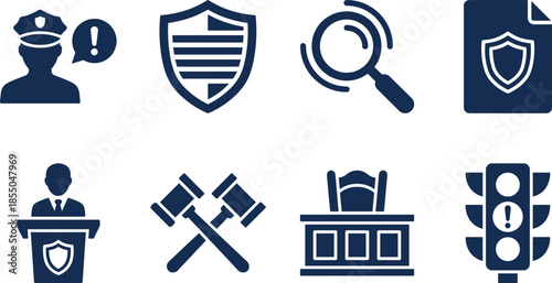 Set of legal and public safety icons, police officer and security shield symbols, judge gavel and courtroom desk, law enforcement vector illustration, justice.