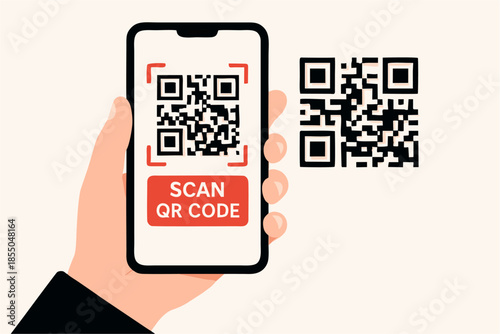 Vector illustration of smartphone scanning QR code with red scan line, blue “SCAN” button, and target code, representing mobile access, digital interaction, and smart technology usage.