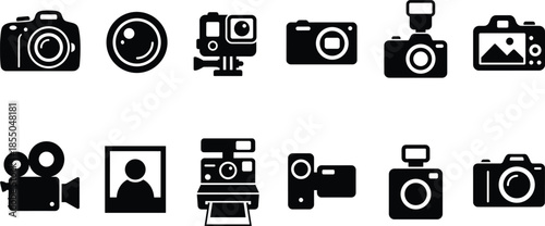 Set of photography and video equipment icons, black camera silhouettes including DSLR and action cam, film projector and instant photo vector illustration, media