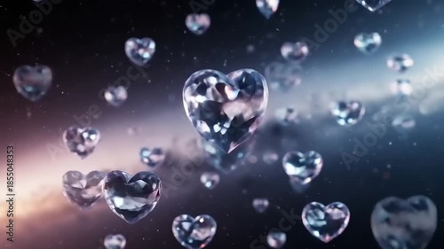 Sparkling Heart Diamonds Floating in Cosmic Galaxy Background.
