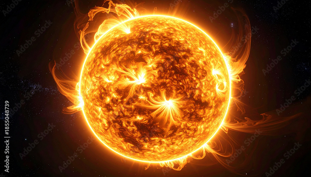 Fototapeta premium 灼熱のプラズマが脈動するSF太陽コアの圧倒的エネルギー背景 – High-Energy Sci-Fi Sun Core with Intense Plasma Glow