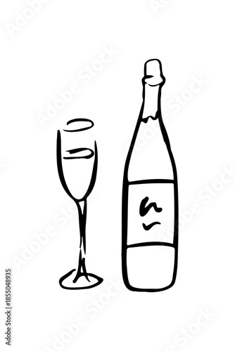 Minimalist hand-drawn doodle of a champagne bottle and glass. Simple black ink outline of a wine bottle and flute with artistic brush strokes, isolated on white