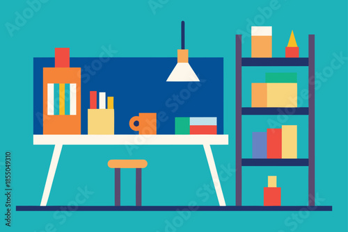 Artistic studio workspace with drafting boards and colorful decor