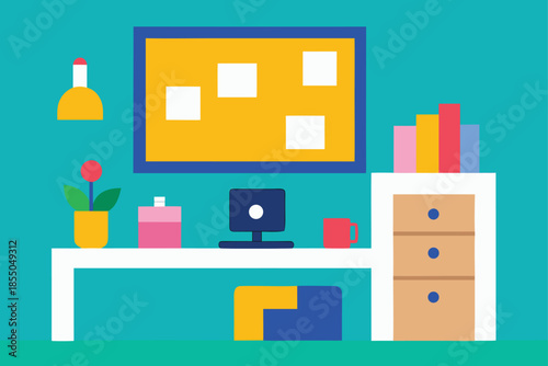 Creative home office interior with fabric pinboard wall