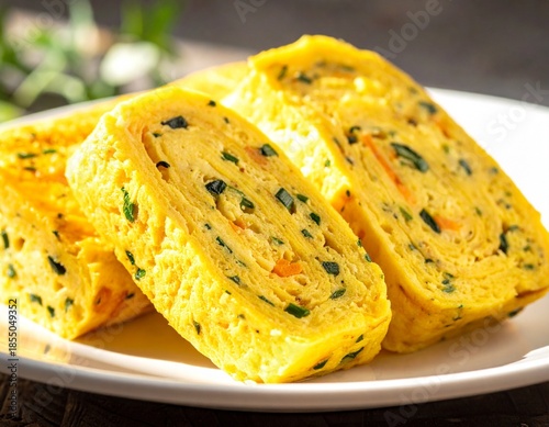 Fluffy Golden Tamagoyaki on White Plate
