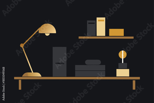 Moody modern workspace with matte black walls and gold accents