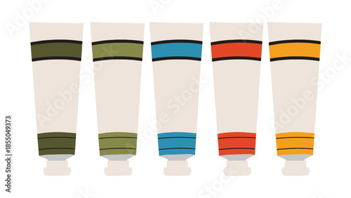 Five tubes of paint are arranged in a row with different colored caps.