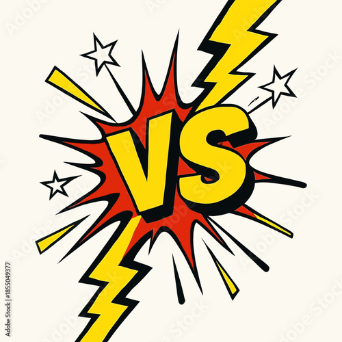 Comic book style versus symbol surrounded by lightning bolts and stars, representing competition and conflict