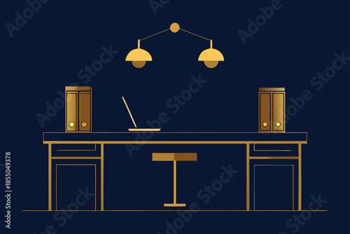 Dark elegant office interior with navy walls and brass lighting
