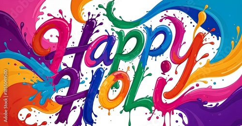 Vibrant rainbow-colored liquid streams swirl together to form festive greeting text against white.
