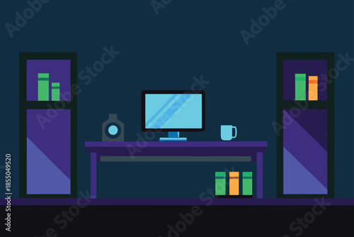 Dark gaming loft setup with led shelves and wood flooring