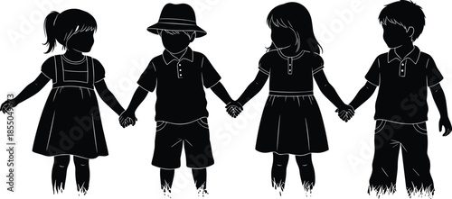 Four children silhouettes holding hands together, childhood friendship unity concept isolated on white background illustration happy kids diversity teamwork innocence