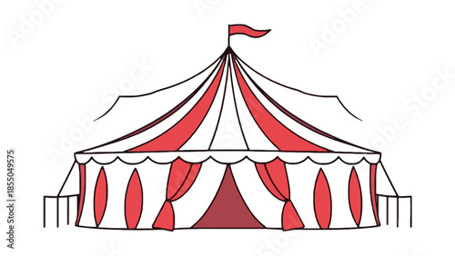 A red and white striped circus tent stands under a clear sky.