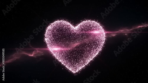 Sparkling Pink Heart Shape With Light Streaks on Black Background.