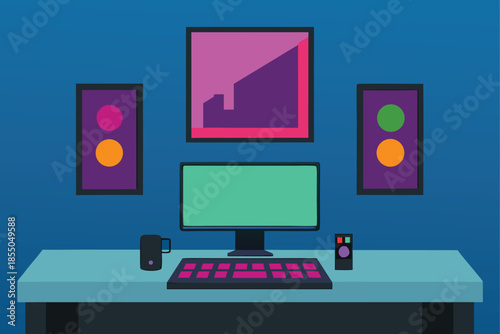 Rgb gaming station with backlit keyboard and wall decor