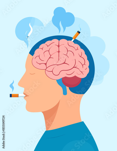 Conceptual illustration highlighting the severe adverse effects of smoking on brain health, illustrating addiction, cognitive damage, and overall tobacco-related risks