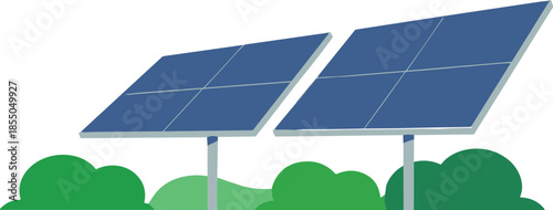 Solar panel renewable energy illustration with green plants, eco friendly technology concept, sustainable power generation, clean environment design