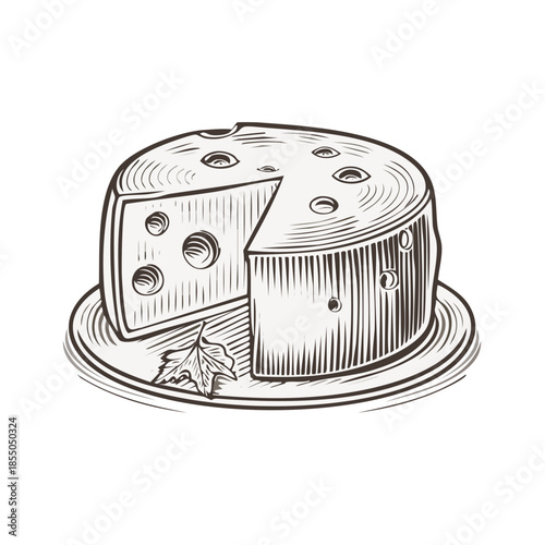 Engraved cheese wheel with wedge cut out, resting on a plate, rendered with fine crosshatch lines and textural detail in monochrome art style.