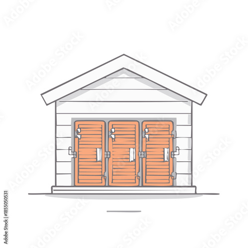 Simple white and peach storage shed with three door compartments illustration in flat style, architecture structure