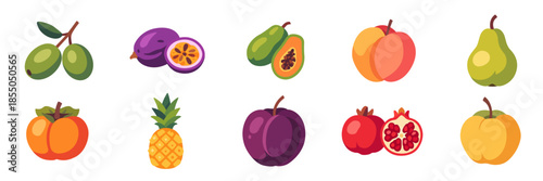 fruits, big assorted set with olive, papaya, passion fruit, peach, pear, persimmon, pineapple, plum, pomegranate, quince, vector flat illustration