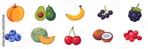 fruits, big assorted set with apricot, avocado, banana, black currant, blackberry, blueberry, cantaloupe, cherry, coconut, cranberry, vector flat illustration