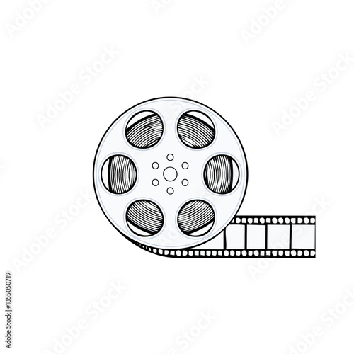 Hand Drawn Film Reel and Strip Illustration, isolated on white background, movie and cinema industry concept
