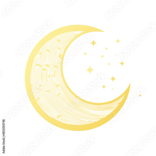 Golden crescent moon with sparkles illustration shines bright on white backdrop for celestial dreams and night themed designs