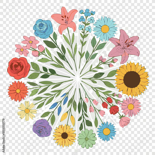 kinds of Floral pie chart vector with equal parts. Round PNG infographic design for business, education, and data visualization
