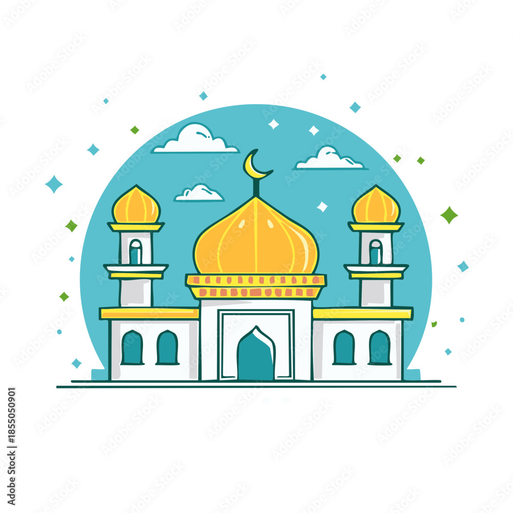 Fototapeta premium Cute Mosque Illustration with Crescent Moon in a Circular Frame for Islamic Holiday or Celebration