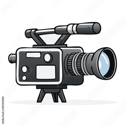 Illustration of a professional black video camera, filmmaking equipment, broadcasting, vector studio camera, cartoon-style videography tool