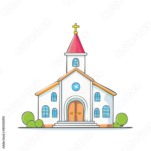 White Church Illustration with Red Steeple and Gold Cross on Top for Adobe Stock