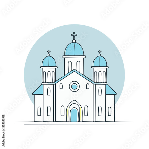 White and blue Orthodox Christian church design illustration vector drawing with domes and cross symbols on soft blue background