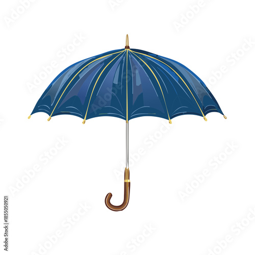Open Blue Umbrella with Wooden Handle and Gold Trim Protecting from Rain or Sun, Vector