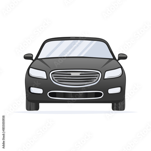 Elegant black sedan facing forward, parked on a white isolated background, highlighting sleek design, shiny paint, and modern automotive styling for transport.