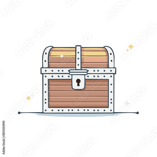 Stylized Wooden Treasure Chest Illustration with Metal Accents and Sparkle Effects