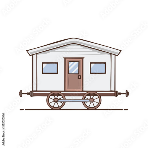 Vintage Railroad Car Illustration with Windows and Door on Railroad Tracks