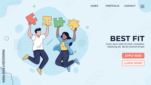 Best Fit Recruitment Landing Page Design with Teamwork Puzzle Illustration. Ideal for HR websites, job vacancy landing pages, SaaS onboarding, team building, and business recruitment campaigns.