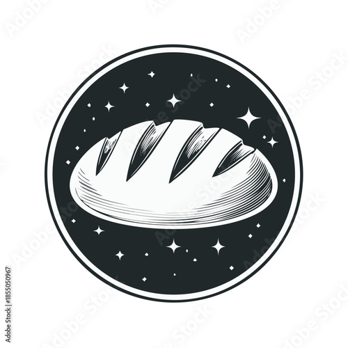 Hand drawn bread loaf in a starry night setting, illustration, bakery concept, wheat harvest design, carbs, grains, food, vector