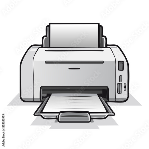 Inkjet printer illustration shows document output or input in black, white and gray.