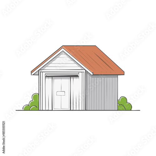 Graphic shed illustration with closed door and plants. Suburban shed drawing with shingle roof.