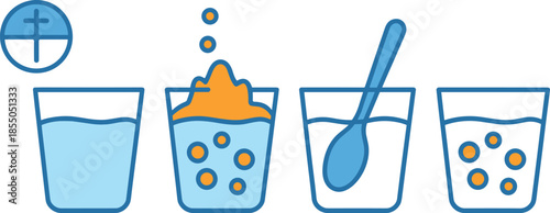 Medicine dissolving in water illustration, effervescent tablet preparation steps, healthcare instruction concept, pills mixing process, flat vector design