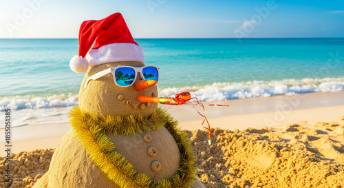 Sand snowman on beach, wearing Santa hat and sunglasses, holding party favor. Concept of holiday vacation, travel destination, festive celebration